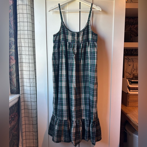 THE GREAT. The Ruffle Tank Pajama Dress in Dark Green Flannel Plaid - Picture 4 of 6